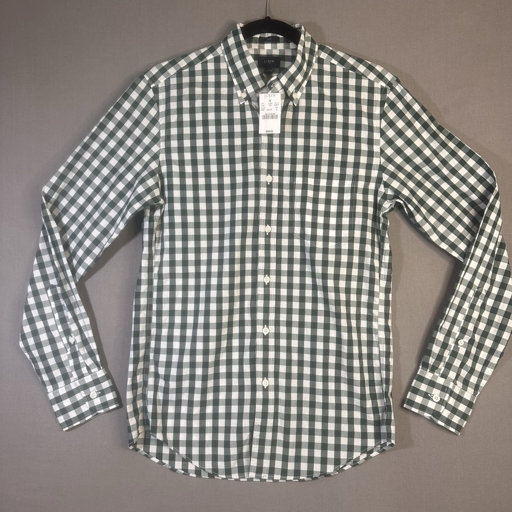 J.CREW Men's Long Sleeve Cotton Woven Green White Check Button-Down Shirt S